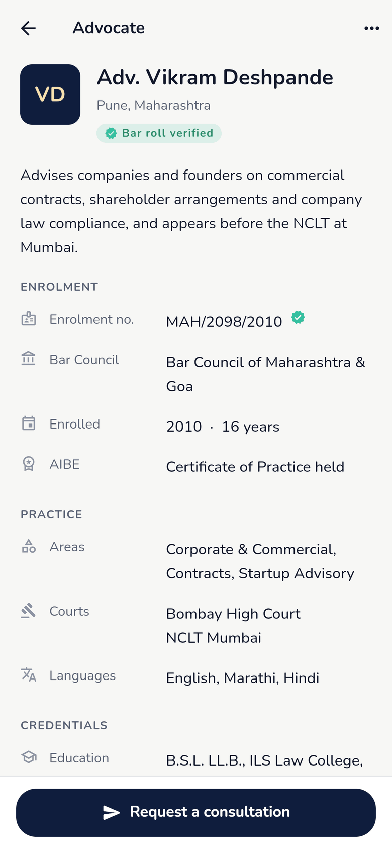 An advocate profile showing a Bar roll verified badge, enrolment number, State Bar Council, year enrolled, AIBE status, practice areas, courts and languages.