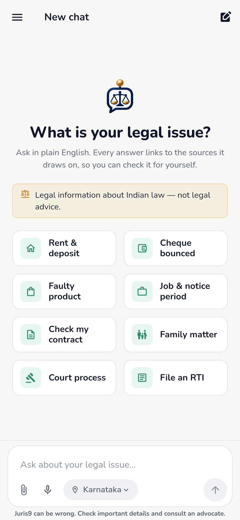 The Juris9 chat screen asking “What is your legal issue?”, with one-tap starters for rent and deposit, a bounced cheque, a faulty product and five other common situations.
