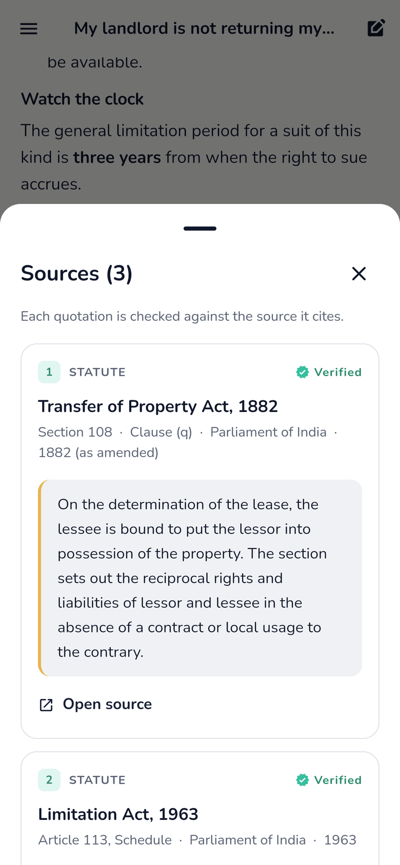 The Sources sheet showing numbered official Indian legal source links associated with an answer.