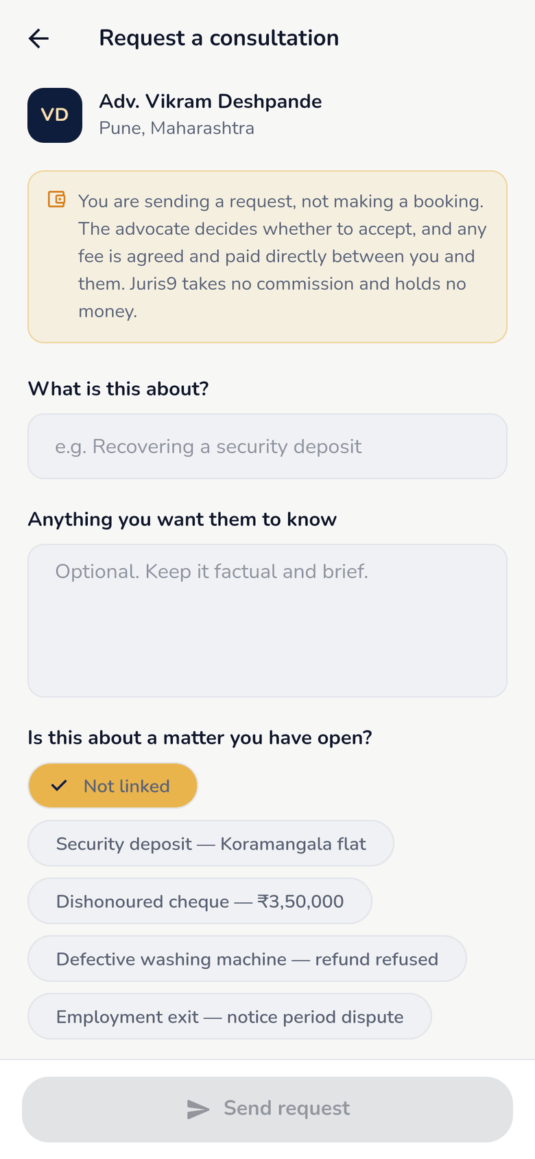 The consultation request screen, where the user writes a subject and detail and can choose to share their prepared matter brief with the advocate.
